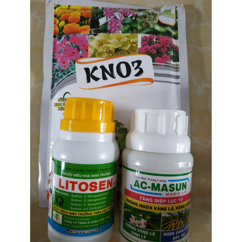 Bộ sản phẩm dưỡng cây chăm sóc cây mai, bông giấy ( KNO3+AC Masun+Litosen) - 100ml/chai