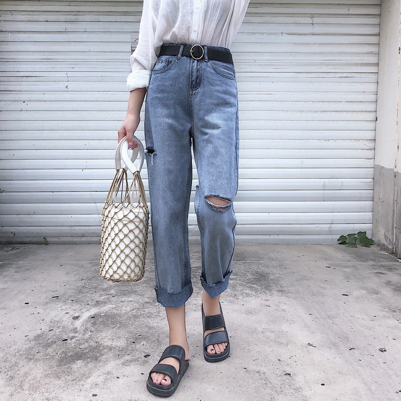 Quần jeans Retro rách ngang Style