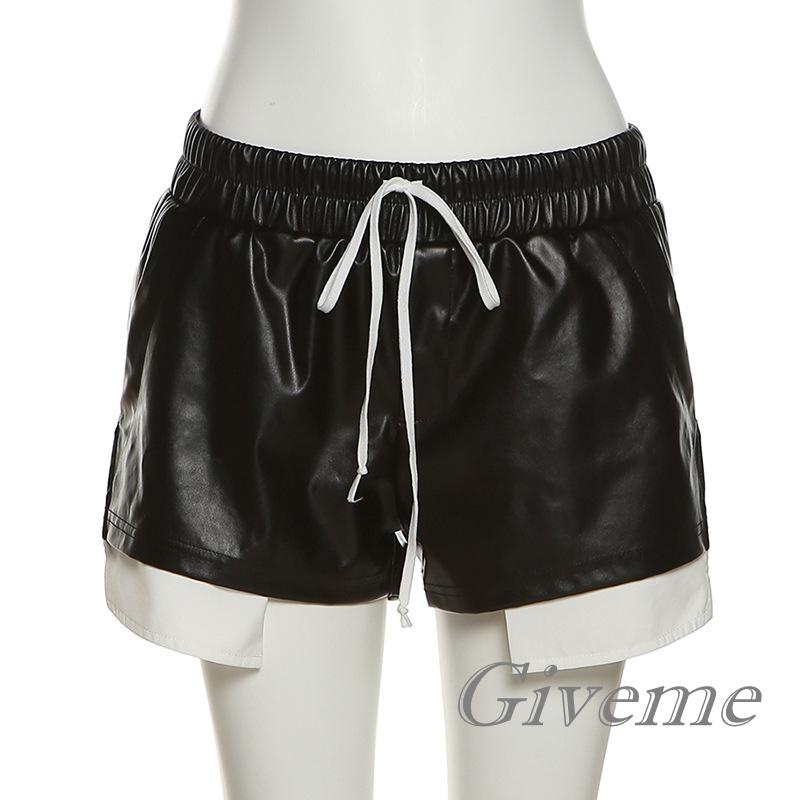Quần Short Da PU Lưng Thun Rút Dây Màu Trơn Tương Phản Phong Cách Đơn Giản Hiệu Givenme Cho Nữ