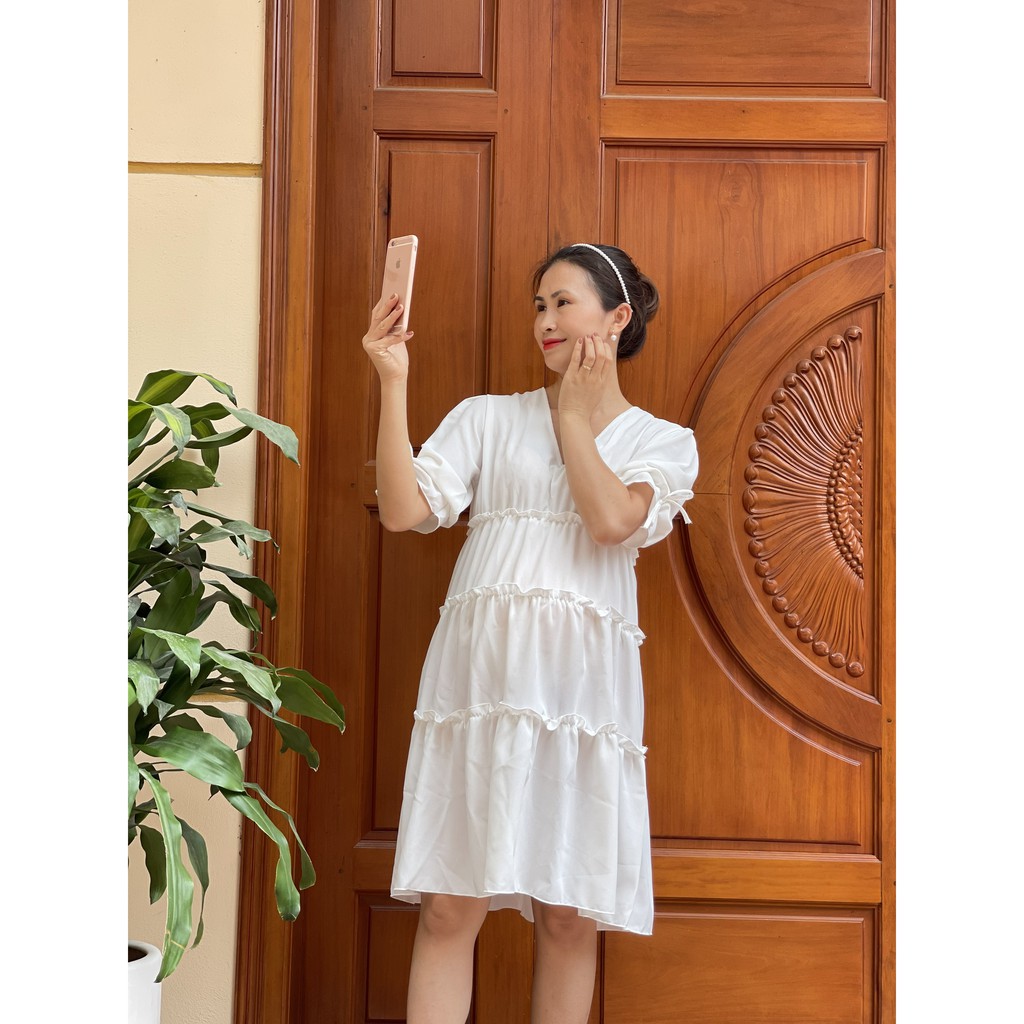 Váy bầu thiết kế 3 tầng cổ V chất voan lụa đi tiệc siêu xinh V272