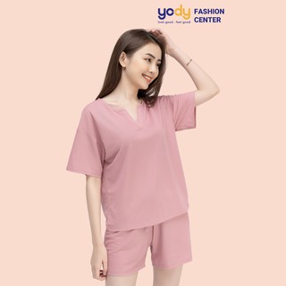 Bộ đồ ngắn nữ YODY cổ chữ V mặc nhà mùa hè, thoáng mát BDN3178
