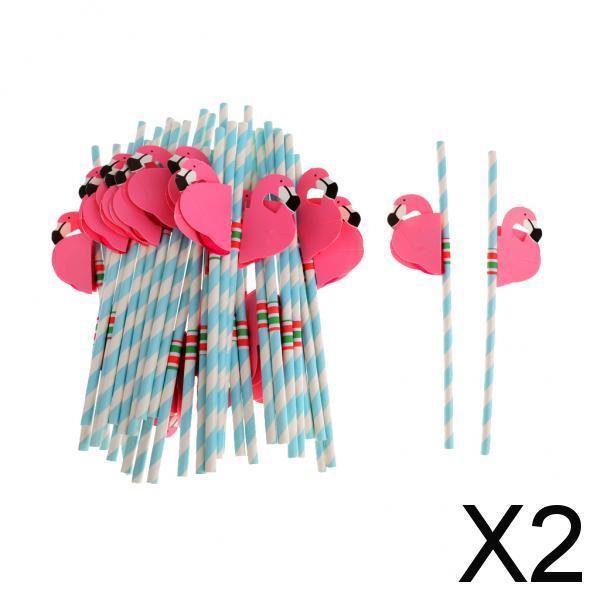 2x25pcs Flamingo Striped Straws Luau Tropical Beach Party Barware Favor Blue