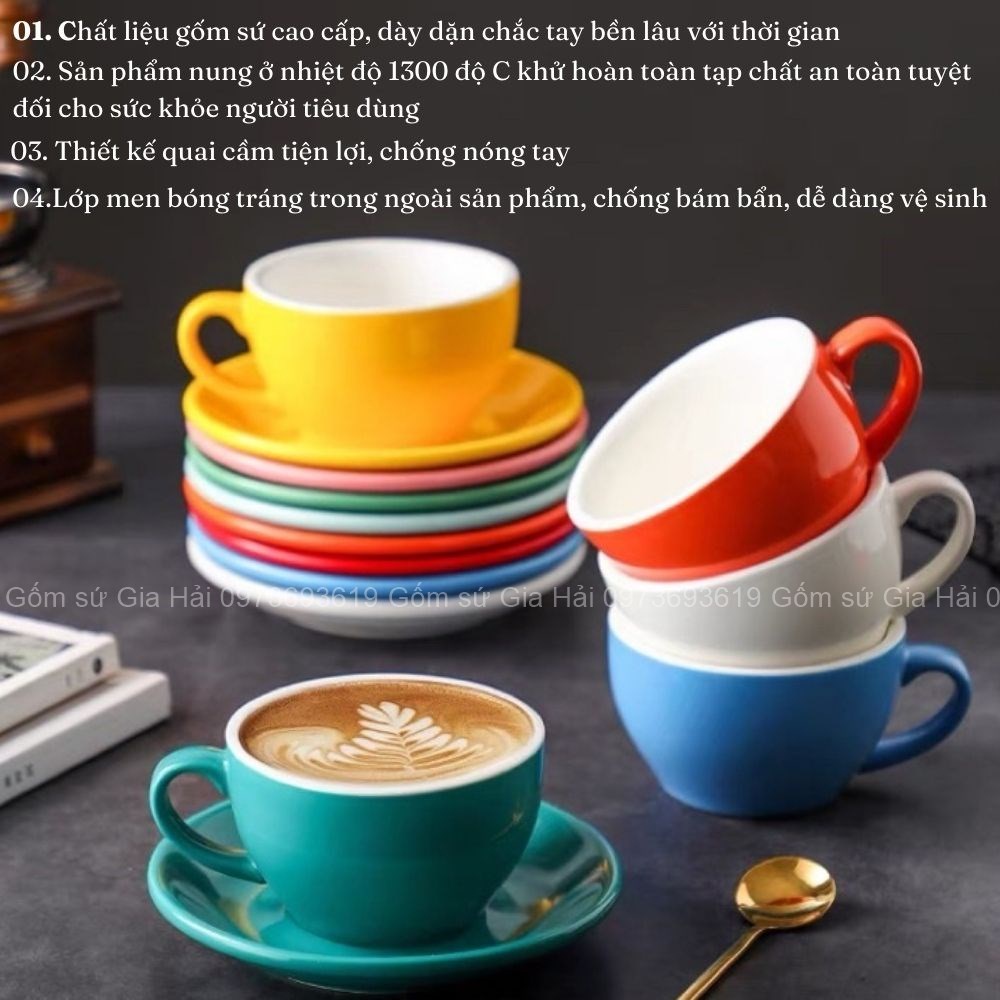 Ly Cà Phê Tách Cafe Capuchino 220ml Dáng Thấp Gốm Sứ Bát Tràng Cao Cấp nhiều màu