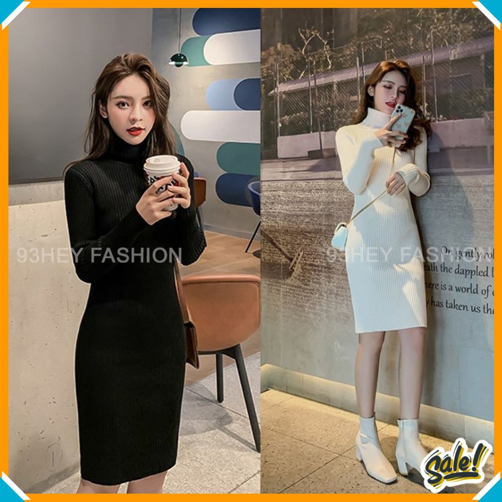 Váy Len Body Nữ Cao Cổ Dáng Lửng Dài Tay Cổ Lọ Hàng Quảng Châu 93HEY VL01