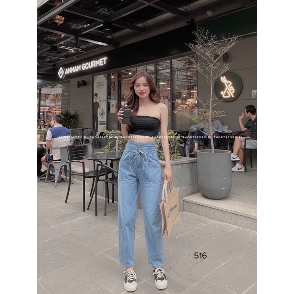 Quần jean baggy nữ ống rộng lưng cao