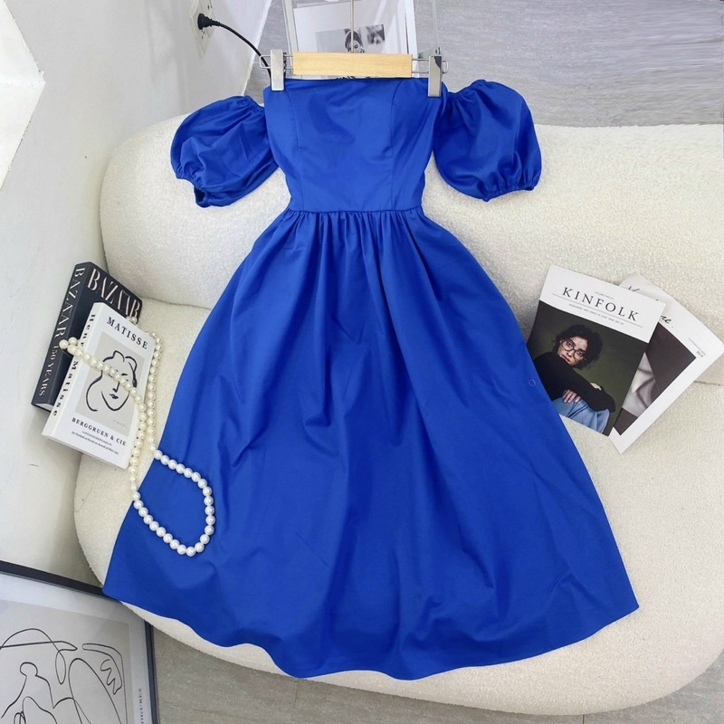 Đầm Midi Xanh Rớt Vai Tay Phồng 🦋FREESHIP 🦋