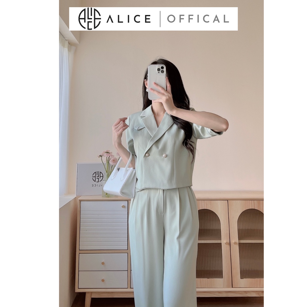 Set Đồ Công Sở Quần Dáng Suông, Áo Croptop Cổ Vest ALICE Chất Chéo Kaki Lót Lụa Cao Cấp Mềm Mịn, Thấm Hút Tốt S1018