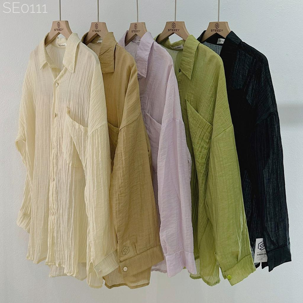 [SE0111] Set áo sơ mi tơ nhăn mỏng trơn kèm quây có mút đệm ngực form rộng (Ảnh thật/ có sẵn)