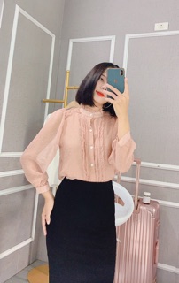 Sơ mi tiểu thu cổ cao tay dài freesize
