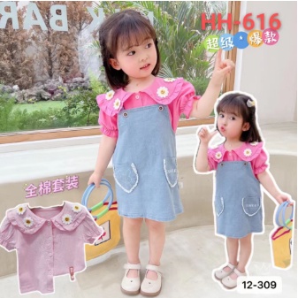 Bộ Áo Sơ Mi Phối Quần Yếm Jean 2 Trong 1 Nhập Khẩu Thiết Kế Dễ Thương Cho Bé Gái Từ 1-4 Tuổi