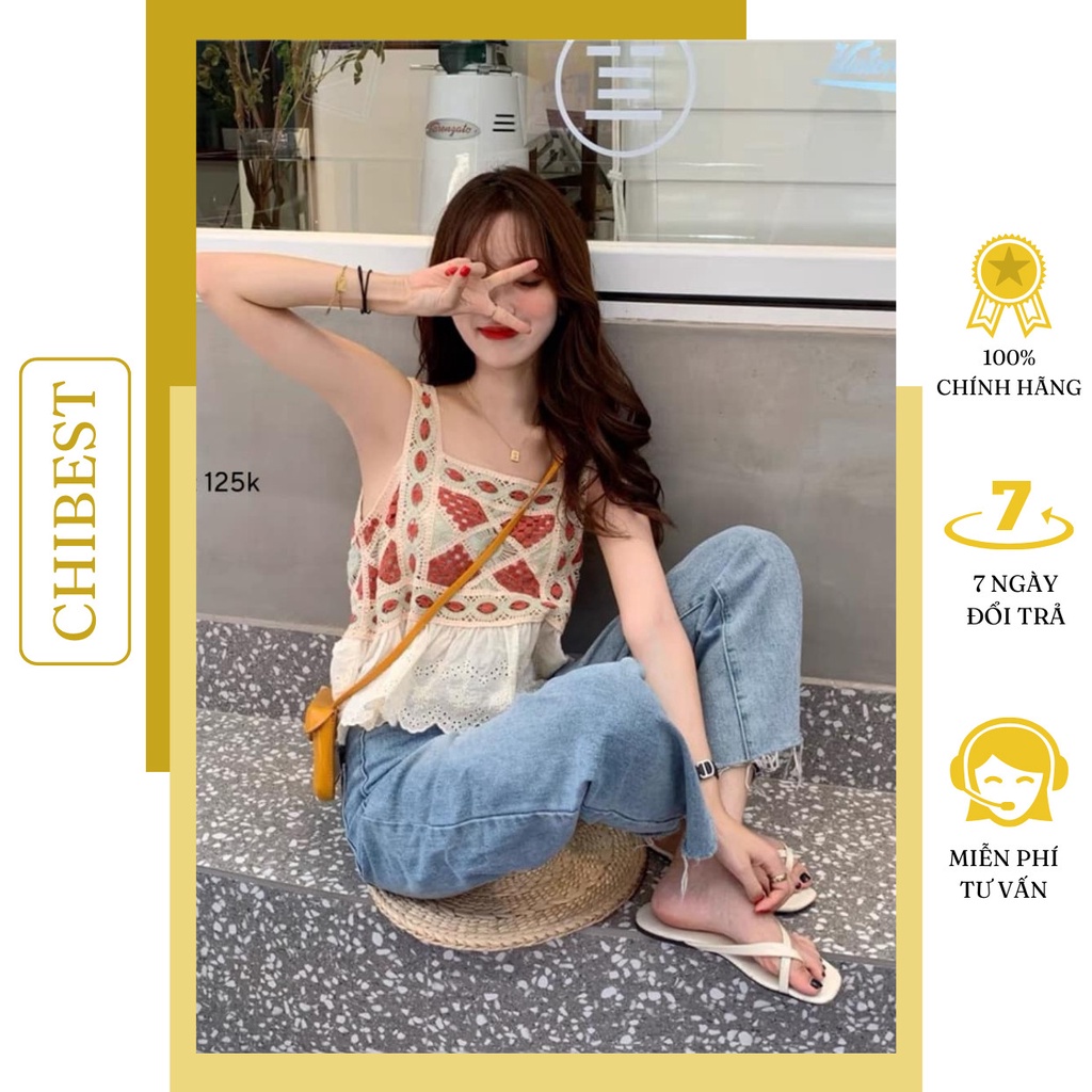 Áo babydoll nữ 2 dây bản to thổ cẩm chân ren CHIBEST QCB33