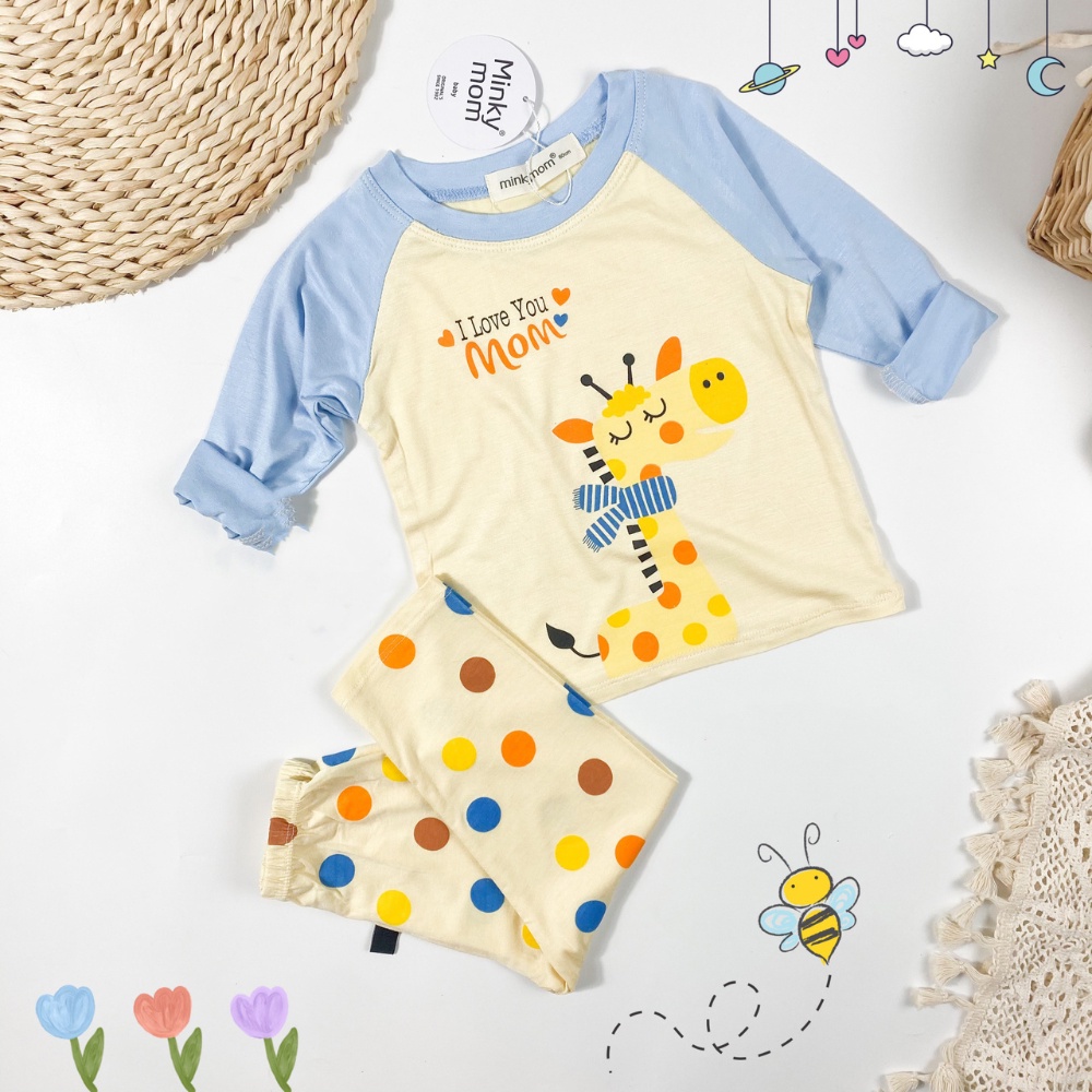 Bộ dài tay thun lạnh cổ tròn in hình động vật đáng yêu cho bé trai và bé gái  8-18kg