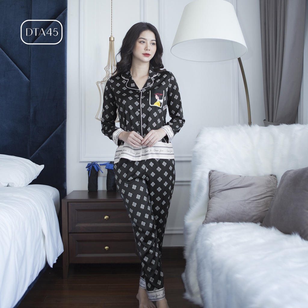 Bộ ngủ satin ZAM Luxury - DTA45 - Áo dài quần dài hoạ tiết