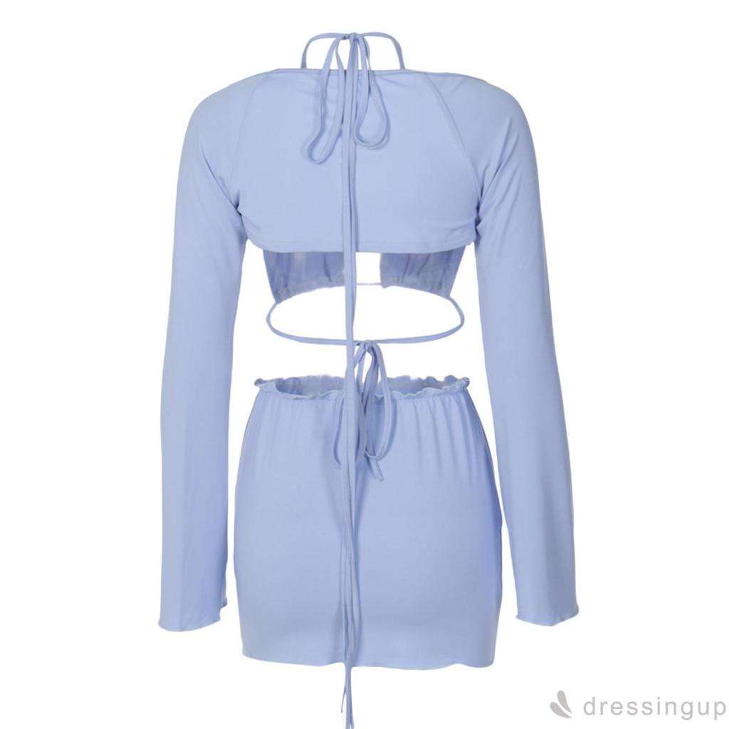 DRE-Women´s Three-Piece Outfits, Solid Color Hanging Neck Tie-Up Bra Style Vest + Long Sleeve Covering Tops + Elastic