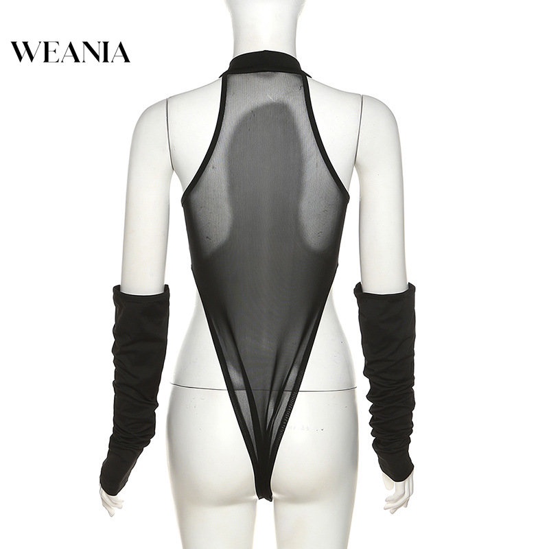 Bộ Áo Liền Quần Cổ Tròn Phối Lưới Ôm Dáng Kèm Găng Tay Gợi Cảm Cho Nữ