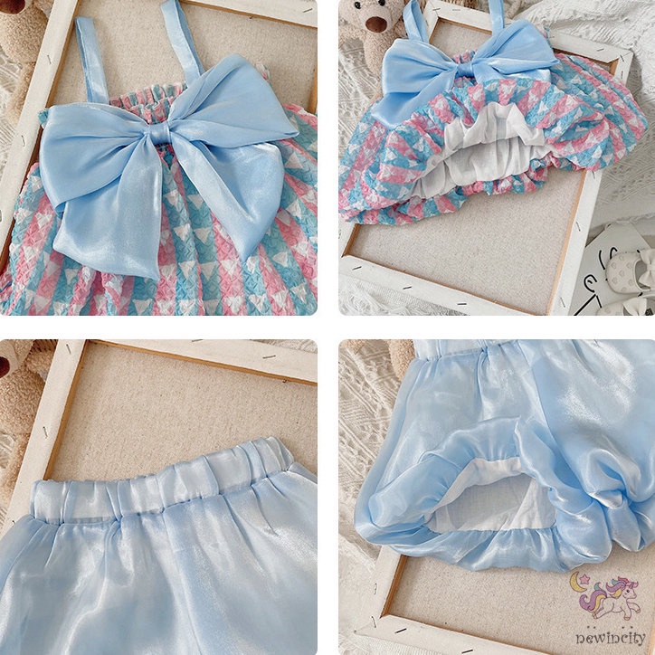 Set Đồ Mùa Hè 2 Món Gồm Áo Hai Dây Thắt Nơ Và Quần Ngắn Hàn Quốc Cho Bé Gái