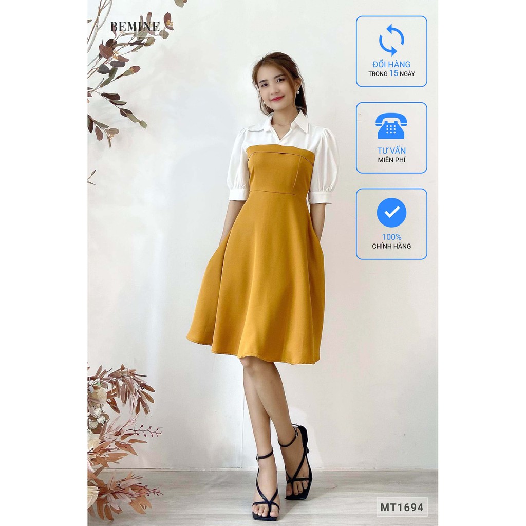 Đầm tay phồng phối trắng BEMINE MT1694VANG