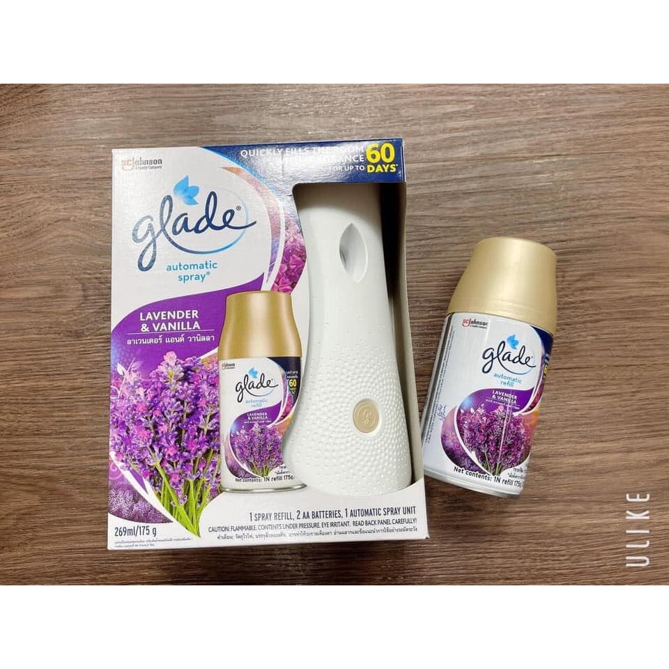 Máy phun hương thơm tự động + lõi tình dầu 269ml Glade Automatic Spray Thái Lan (có sẵn 2 pin AA)