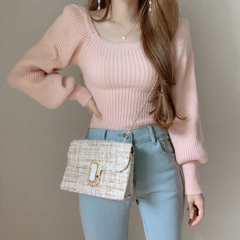 Áo Sweater Dệt Kim Tay Phồng Dài Cổ Vuông Phong Cách Hàn Quốc Thời Trang Cho Nữ
