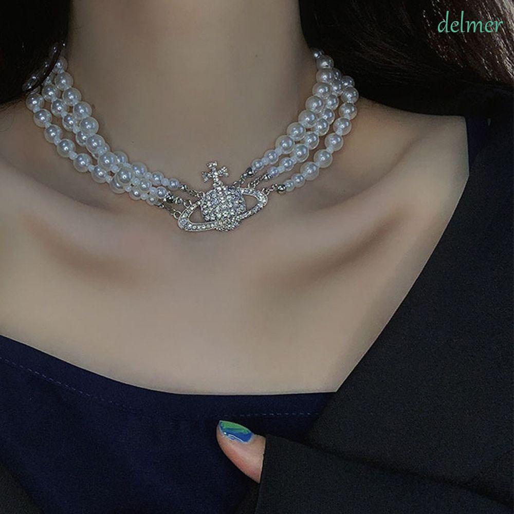 Vòng cổ Ba Lớp Bằng Hợp Kim Đính Ngọc Trai Phong Cách Baroque Thanh Lịch Dành Cho Nữ