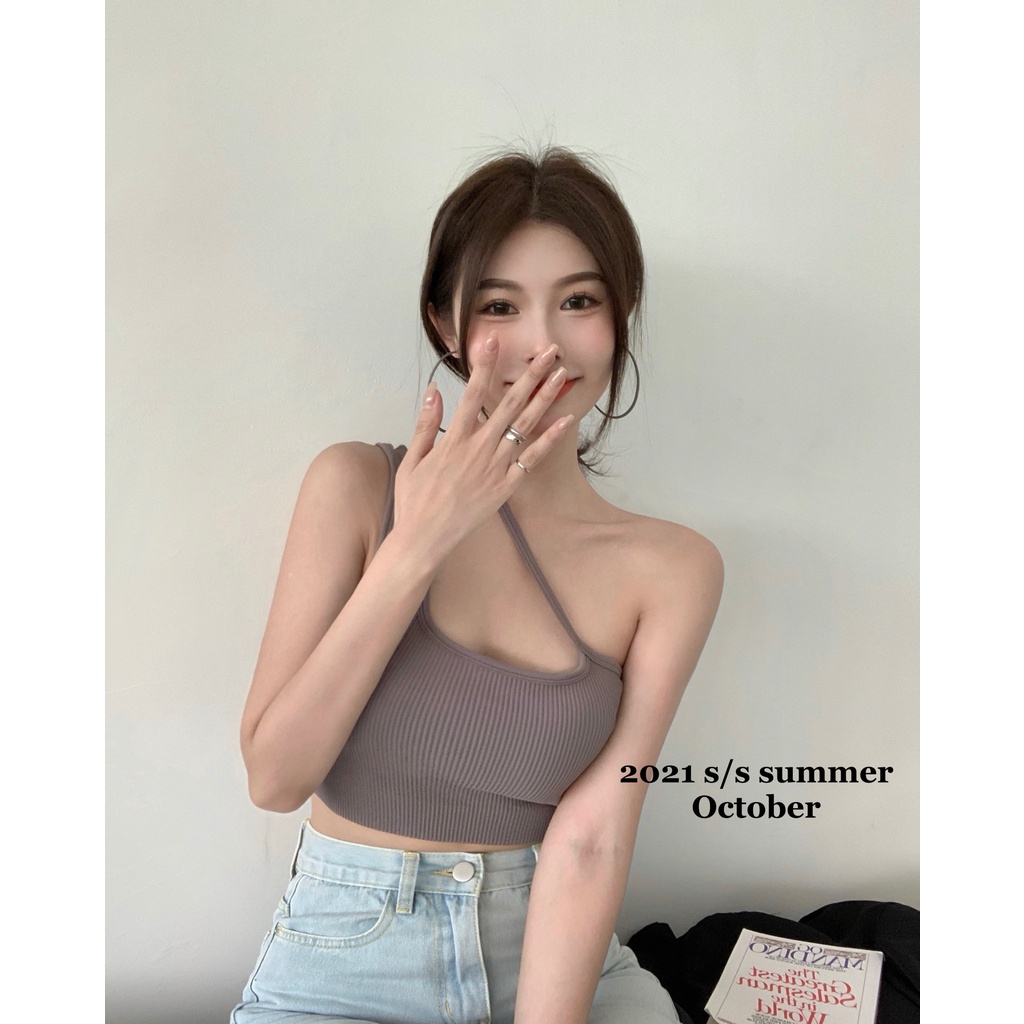 QKOOLE  Áo crop top Hai Dây Màu Sắc Đơn Giản Thời Trang Hàn Quốc Cho Nữ