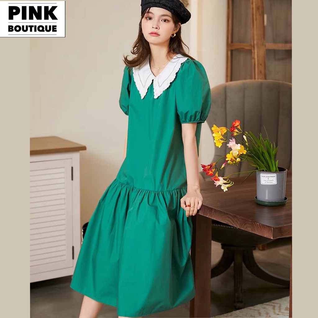 Váy Xuông Nữ Babydoll Dáng Dài Tay Bồng Dáng Rộng Kiểu Hàn Quốc Cổ Trắng ThêuThiết Kế PINKBOUTIQUE