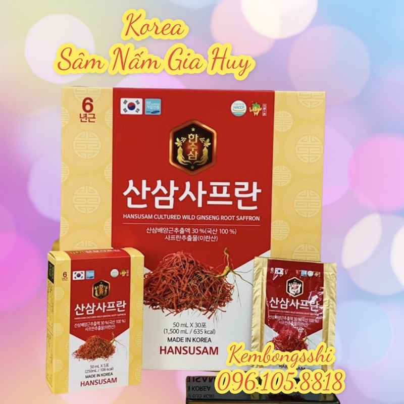 Nước Hồng Sâm Nhụy Hoa Nghệ Tây Korean Red Ginseng Saffron HANSUSAM Hàn Quốc, hộp 30 gói x 50ml