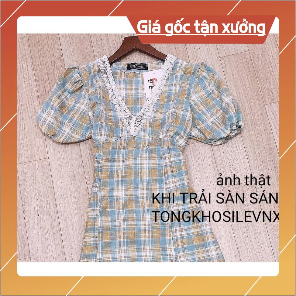 VÁY KẺ XANH DÀI CỔ REN GAGA - ĐẦM MAXI CARO XANH REN NGỰC QUẢNG CHÂU