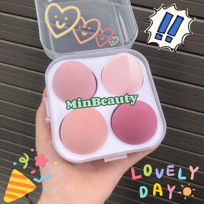 Set 4 mút trang điểm  đa năngtán kem nền BB có hộp đựng giúp make up tiện dụng