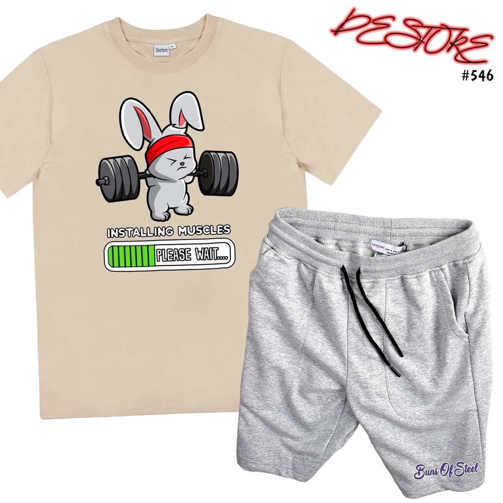 áo phông màu kem + quần short màu xám "THỎ DEADLIFT" đồ bộ nam nữ #546
