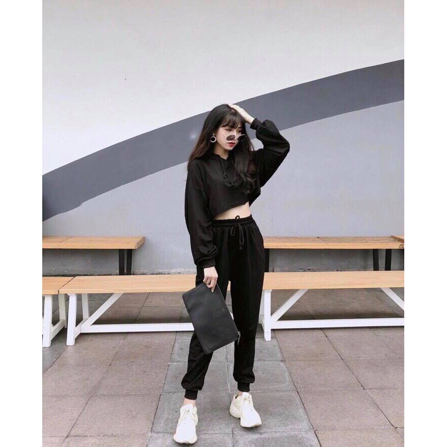(ảnh thật ở cuối) Sporty Black : Jogger * Hoddie form lửng - S10