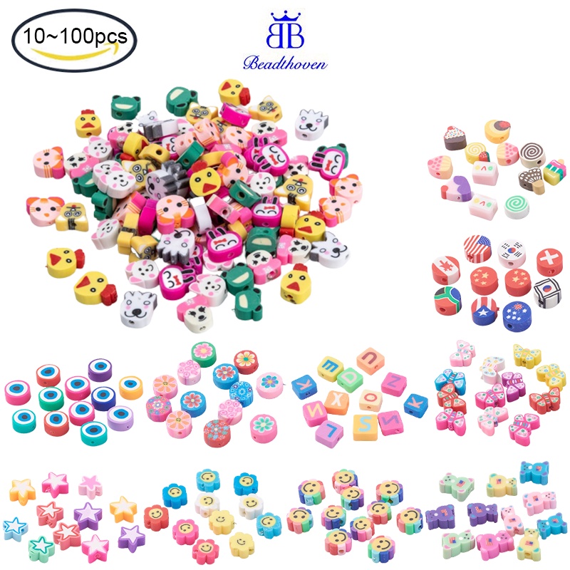Set 50 hạt đất sét polymer hình món ăn nhiều màu 5~13x4.5~13x3~7mm lỗ 1~2mm