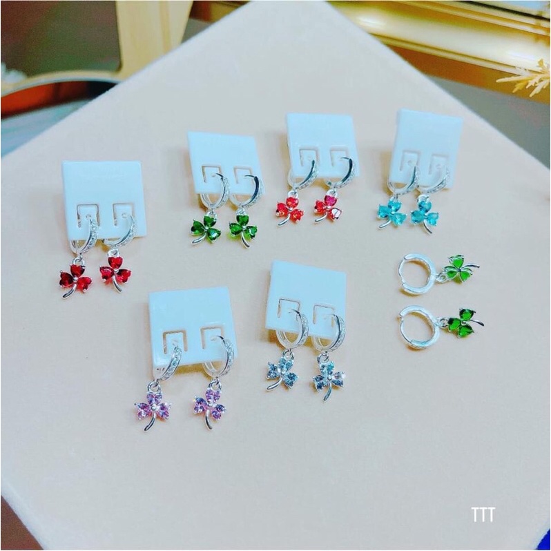 BÔNG TAI KHOEN TRÒN TREO CỎ 3 LÁ BẠC TA