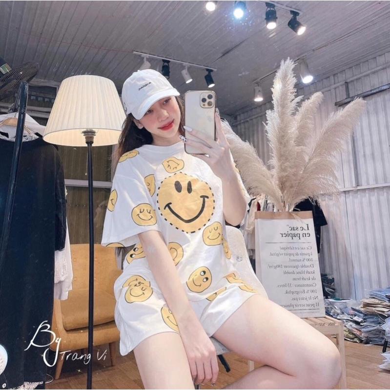 [XẢ KHO] Set Thun Mặt Cười Kèm Short - Bộ Áo Thun Tay Lỡ Form Rộng Hoạ Tiết ICon Dễ Thương Kèm Quần Đùi Cạp Chun