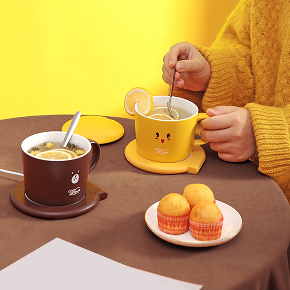 Uareliffe USB Heating Coaster Set With Ceramics Cup Spoon 55 Degree Temperature Coffee Mug Warmer