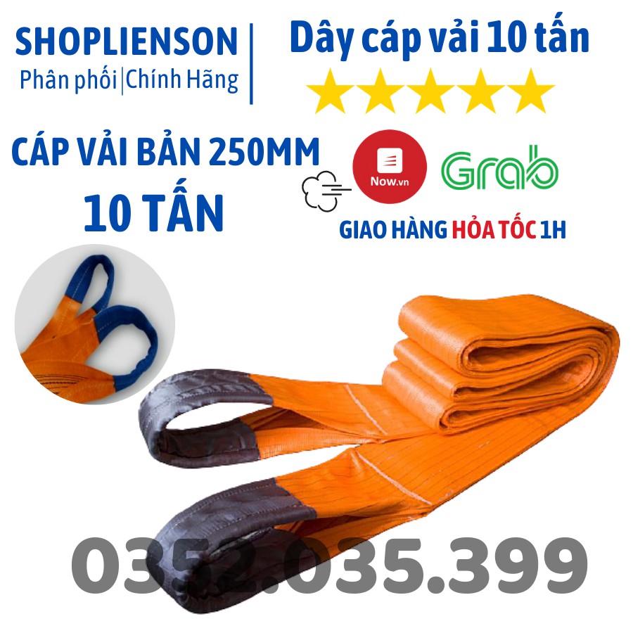 Dây Cáp Vải Dẹp Cẩu Hàng 10 Tấn, Bản 250mm, Hệ số an toàn 5:1, chất liệu 100% Polyeter cường lực siêu bền