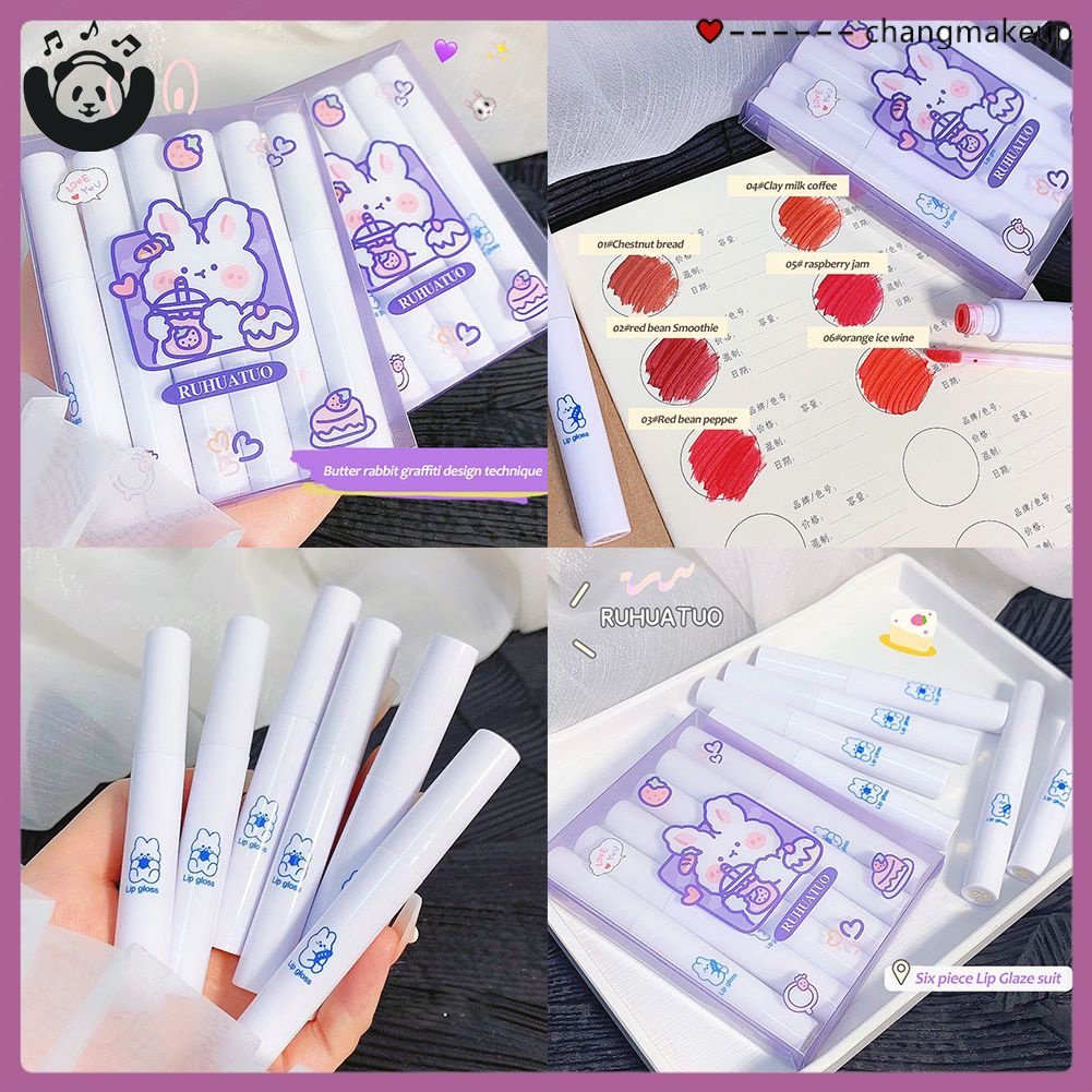 Ruhuatuo Set 6 Son Kem Màu Nhung Lì Không Phai Màu Thiết Kế Vỏ Hình Thỏ Xinh Xắn