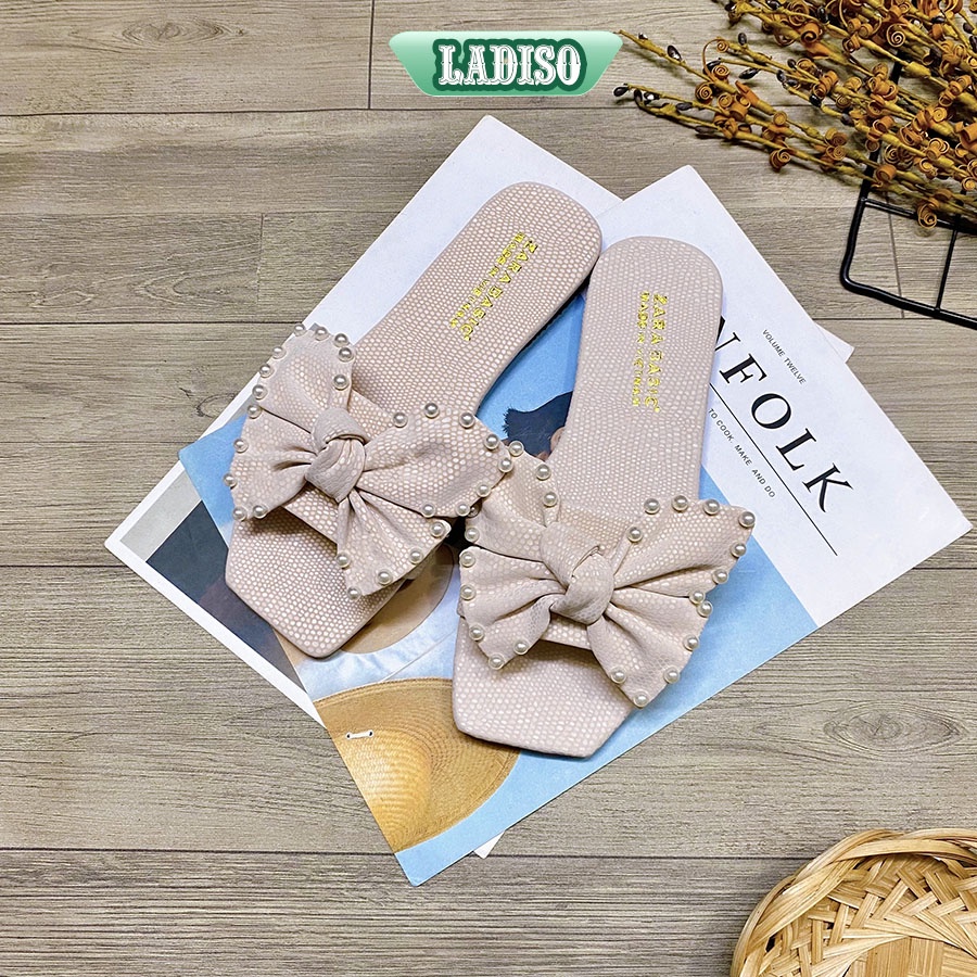 Dép nữ quai ngang CHẤT LIỆU CAO CẤP gắn nơ đính ngọc xinh cực đỉnh hàng hiếm LADISO TT376