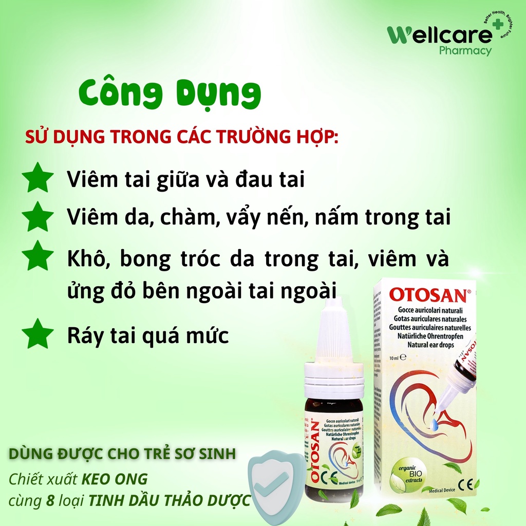 Otosan Natural Ear Drops  – Dung dịch nhỏ tai lọ 10ml giảm viêm tai giữa, nấm ống tai người lớn, trẻ em