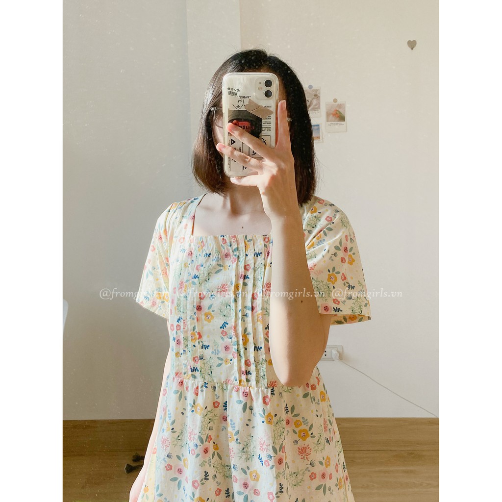 Váy hoa nhí cổ vuông, đầm hoa nhí xếp ly ngực basic có dây buộc sau lưng vintage - V22FG