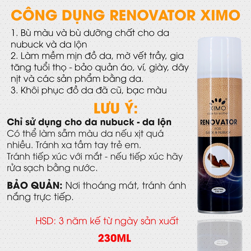 Chai xịt dưỡng phục hồi màu nubuck và da lộn Renovator Ximo cao cấp cho giày, áo khoác, túi xách, ví, áo