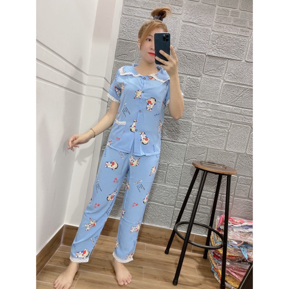 Bộ Đồ Bộ Pijama satin mềm Phối Ren Tay Ngắn Quần Dài Freesize <55kg [ảnh thật 100%] | BigBuy360 - bigbuy360.vn