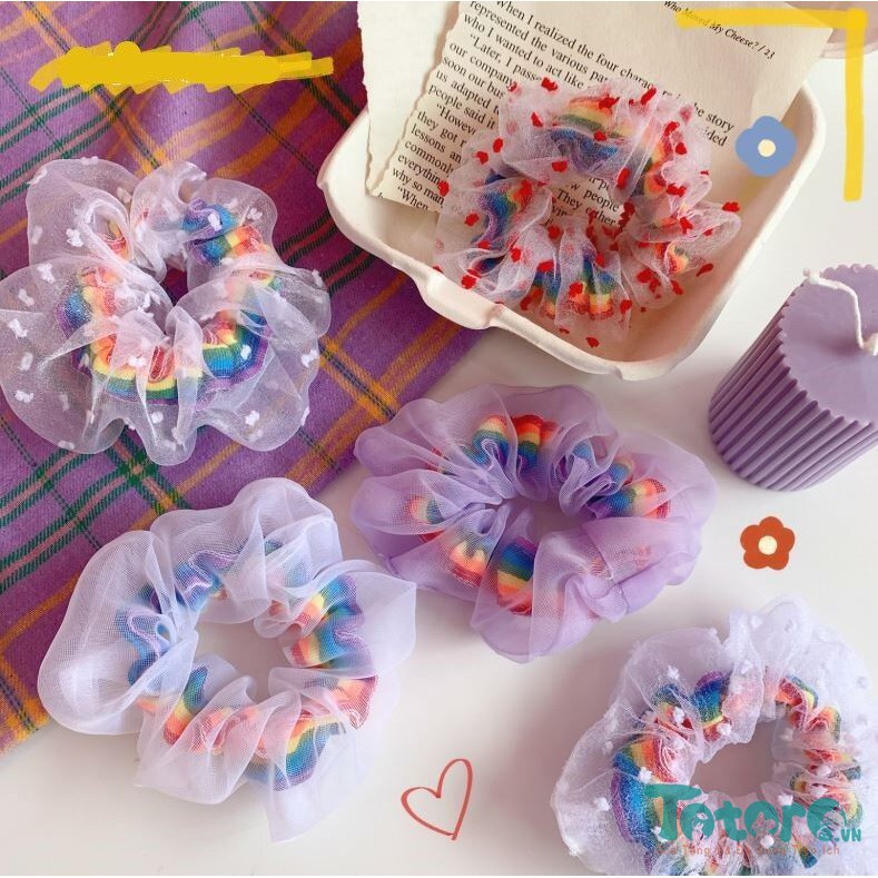 Thun buộc tóc Scrunchies trong suốt Hoa Cúc - Cầu Vồng - Hoa Sắc Màu - Hạt sắc màu Ánh kim Dâu Tây