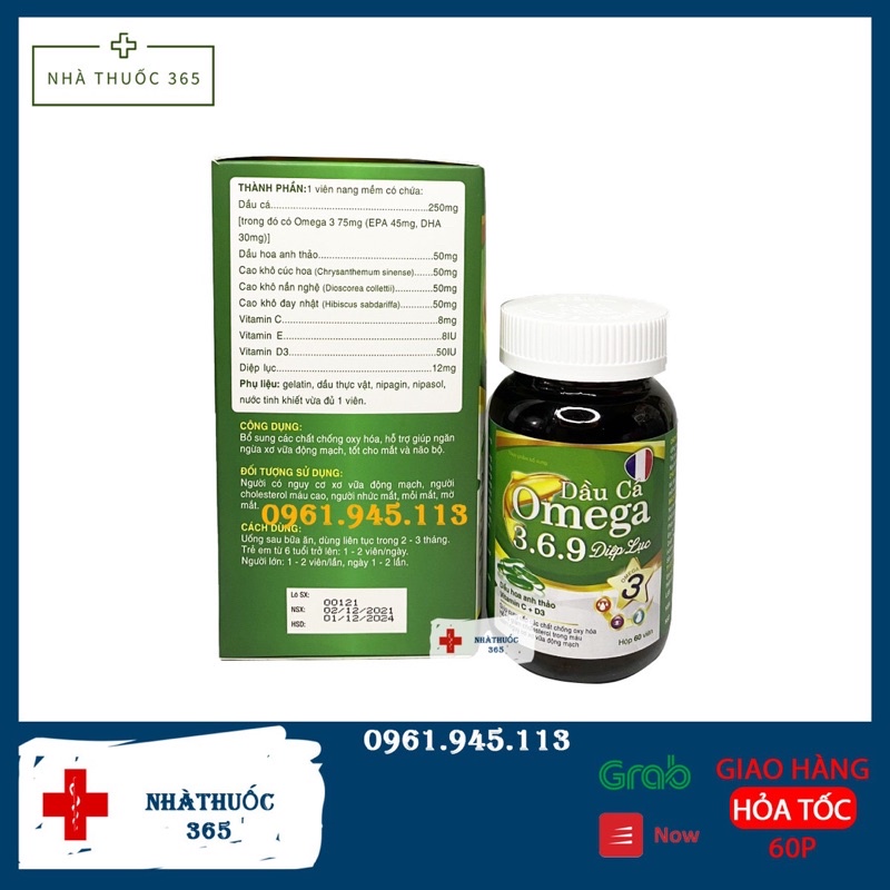Viên uống OMEGA 369 Diệp Lục,Cần Tây,Tinh dầu thông đỏ lọ 60 viên giúp cả thiện thị lực