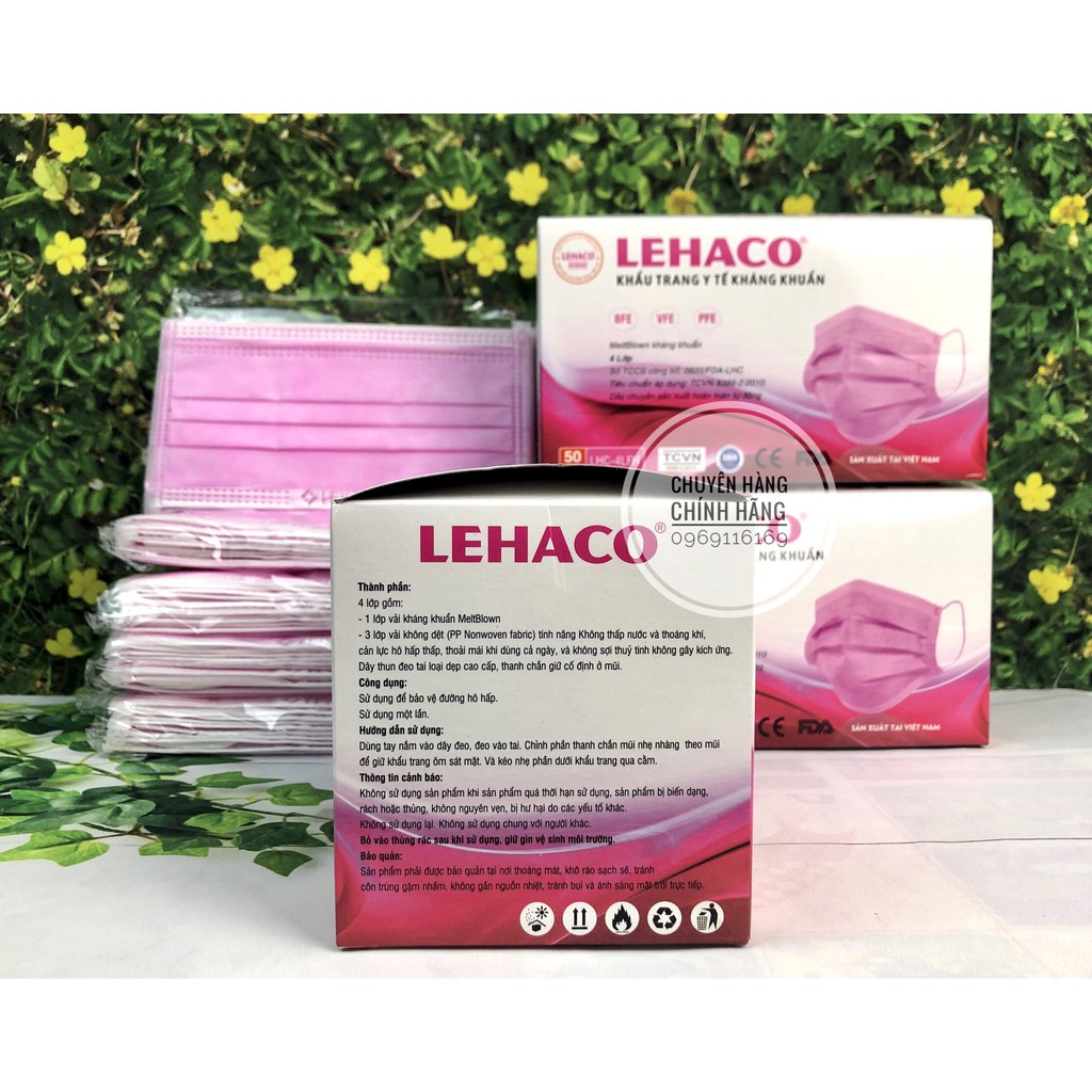 Khẩu Trang Kháng Khuẩn Màu HỒNG Lehaco 4 lớp  50 cái/ hộp - Khẩu Trang y tế Lehaco Kháng Khuẩn