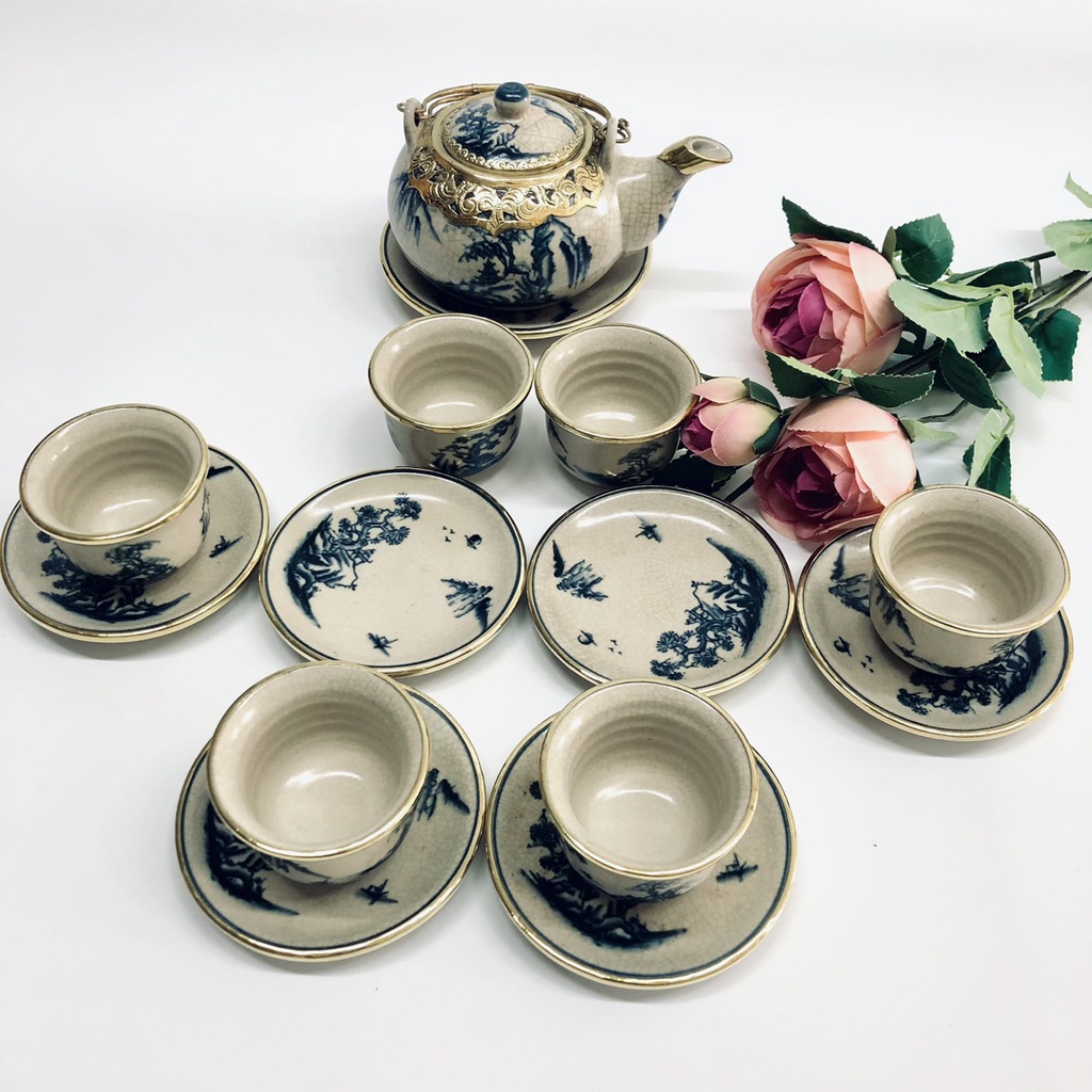 Bộ ấm chén men rạn bọc đồng dáng nhật ĐẠI PHÁT - Bộ ấm chén pha trà gốm sứ loại 1