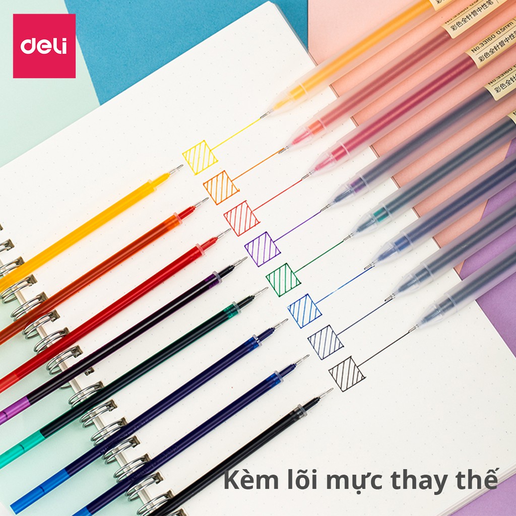 Bộ 8 bút nước mực gel nhiều màu ngòi 0.5mm Deli kèm 8 ống mực thay thế thiết kế xinh xắn nét viết đều đẹp lâu hết mực