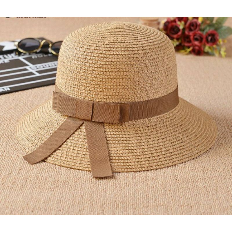 Nón mũ cói rộng vành đi biển đẹp chống nắng nơ nâu thời trang Hàn Quốc