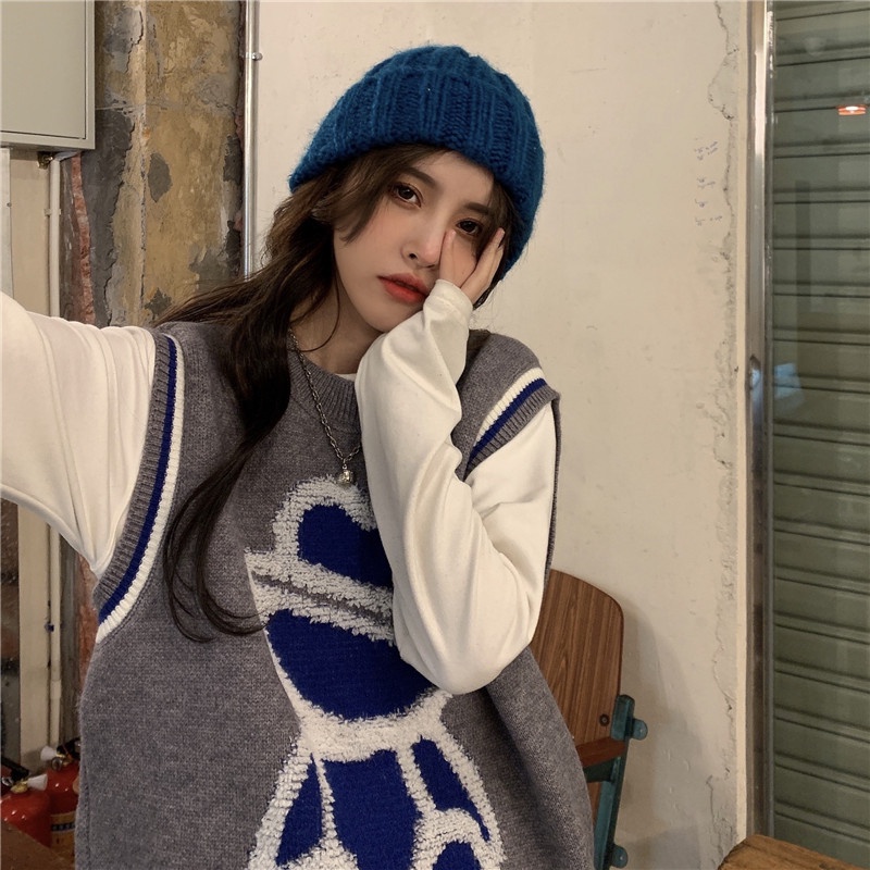 ZHELIHANGFEI Áo Sweater Dệt Kim Sát Nách Dáng Rộng In Hình Gấu Dễ Thương