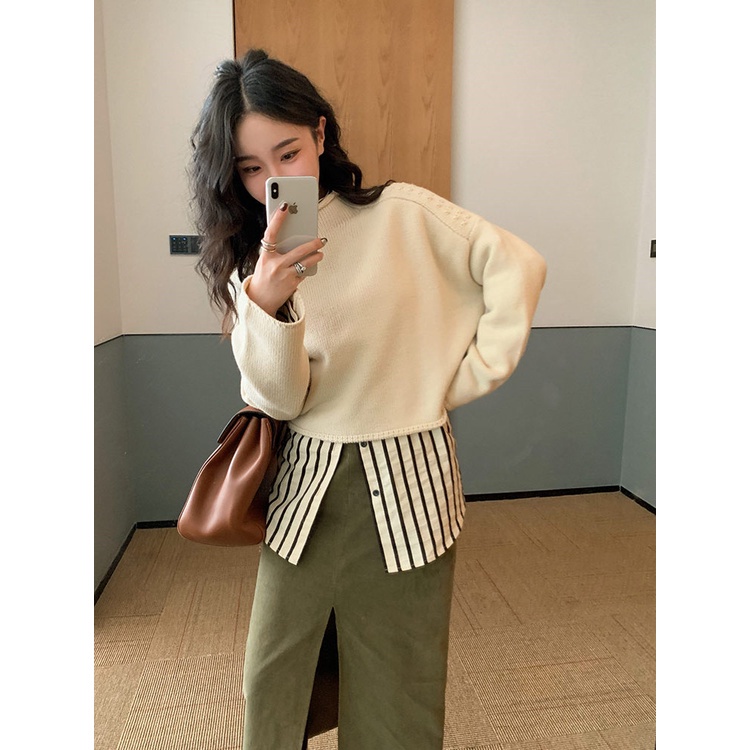 Áo sơ mi QKOOLE tay dài họa tiết kẻ sọc phong cách Hàn Quốc cổ điển thời trang dành cho nữ